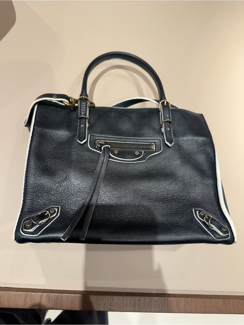 Balenciaga Black Leather Mini Satchel with White Trim